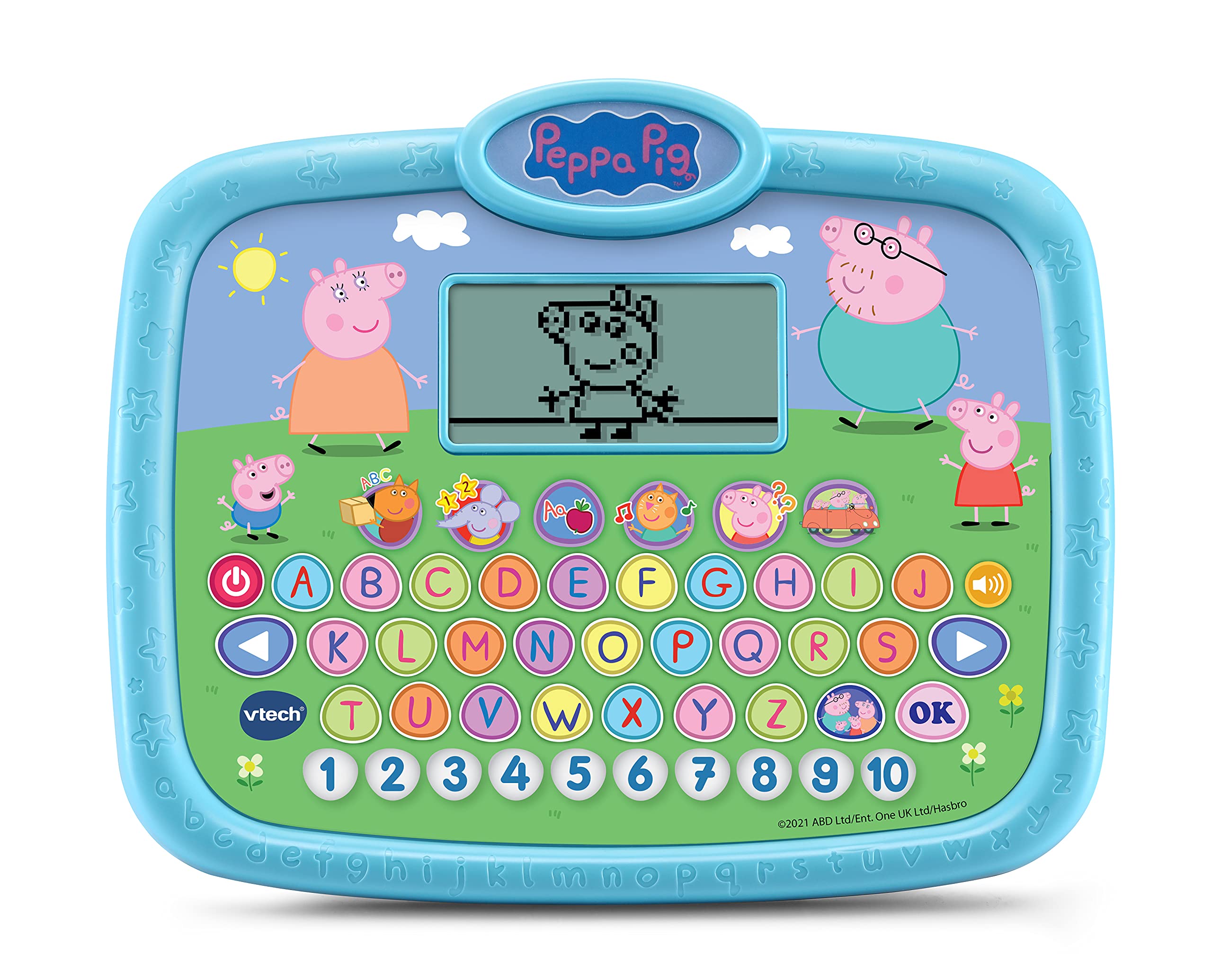 VTech Peppas Lerntablet interaktives Lernspielzeug ab 2 Jahren VTech Peppas Lerntablet in Hellblau, robustes Kunststoff-Tablet mit 26 Buchstaben- & 10 Zahlen-Tasten, LCD-Animationen, Originalstimmen, 6 Spielmodi & 8 Melodien, ab 2 J., QR Kode