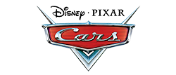 Disney · Pixar Cars Logo – silberner „Cars“-Schriftzug auf rotem Chromschild unter dem Disney·Pixar‑Schriftzug