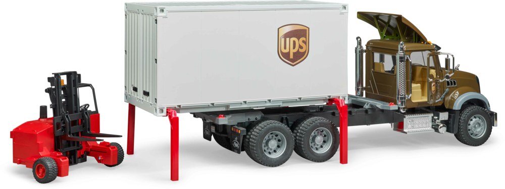 Bruder 02828 MACK Granite UPS Logistik-LKW mit Mitnahmestapler Anhänger-LKW, Lastwagen, Fahrzeug, Maschine, Rad