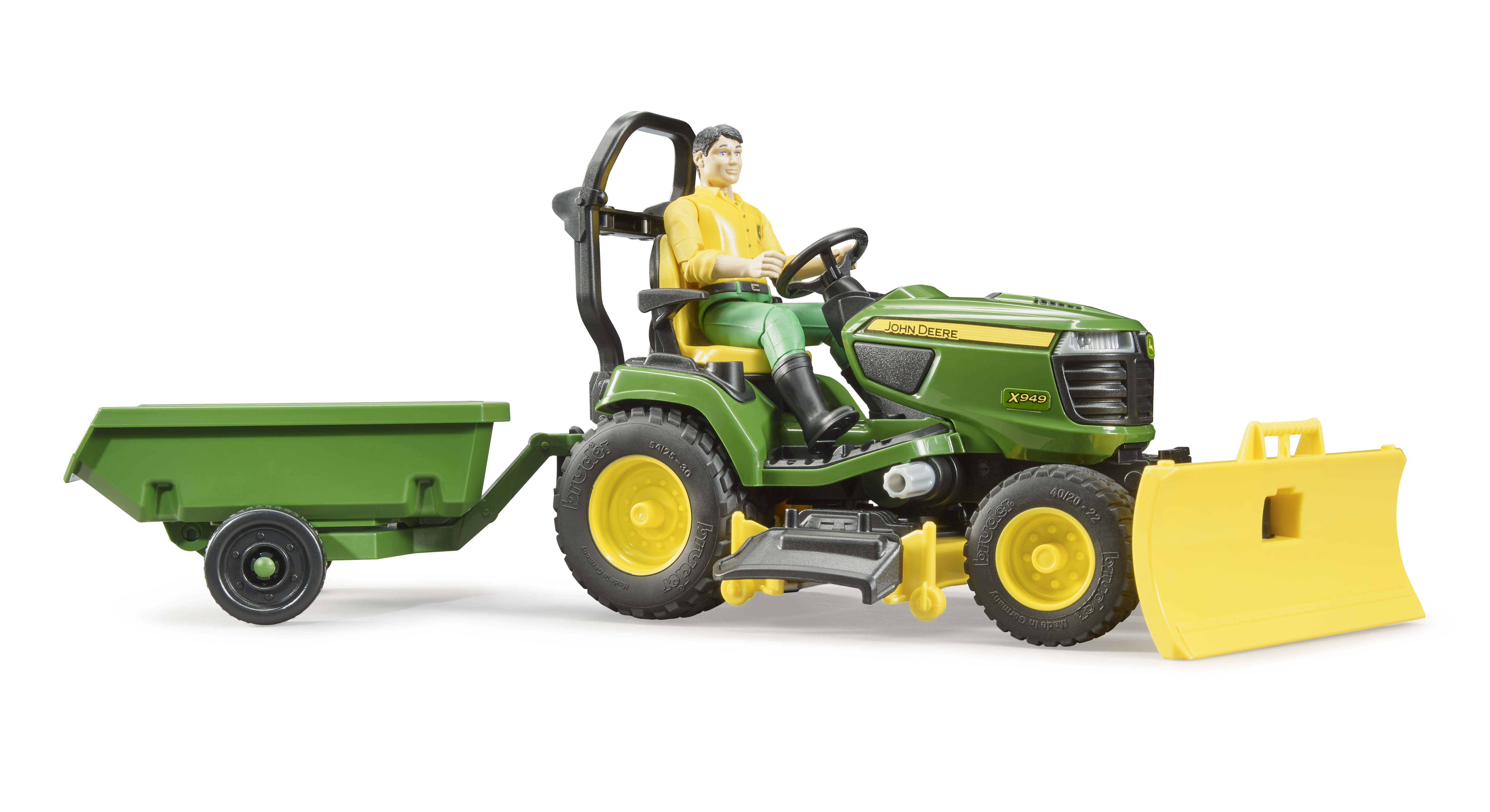 Bruder_62104_Bworld_John_Deere_Aufsitzrasenmäher\nMit_Anhänger_Und_Gärtner