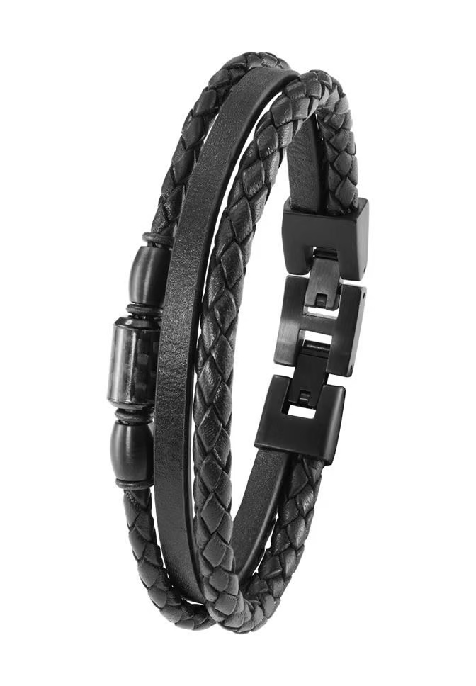 s.Oliver, Armband, aus, Leder, &, Carbon-Beads, Edelstahl, Klappverschluss, 20+15, cm, Herren, 2022637
