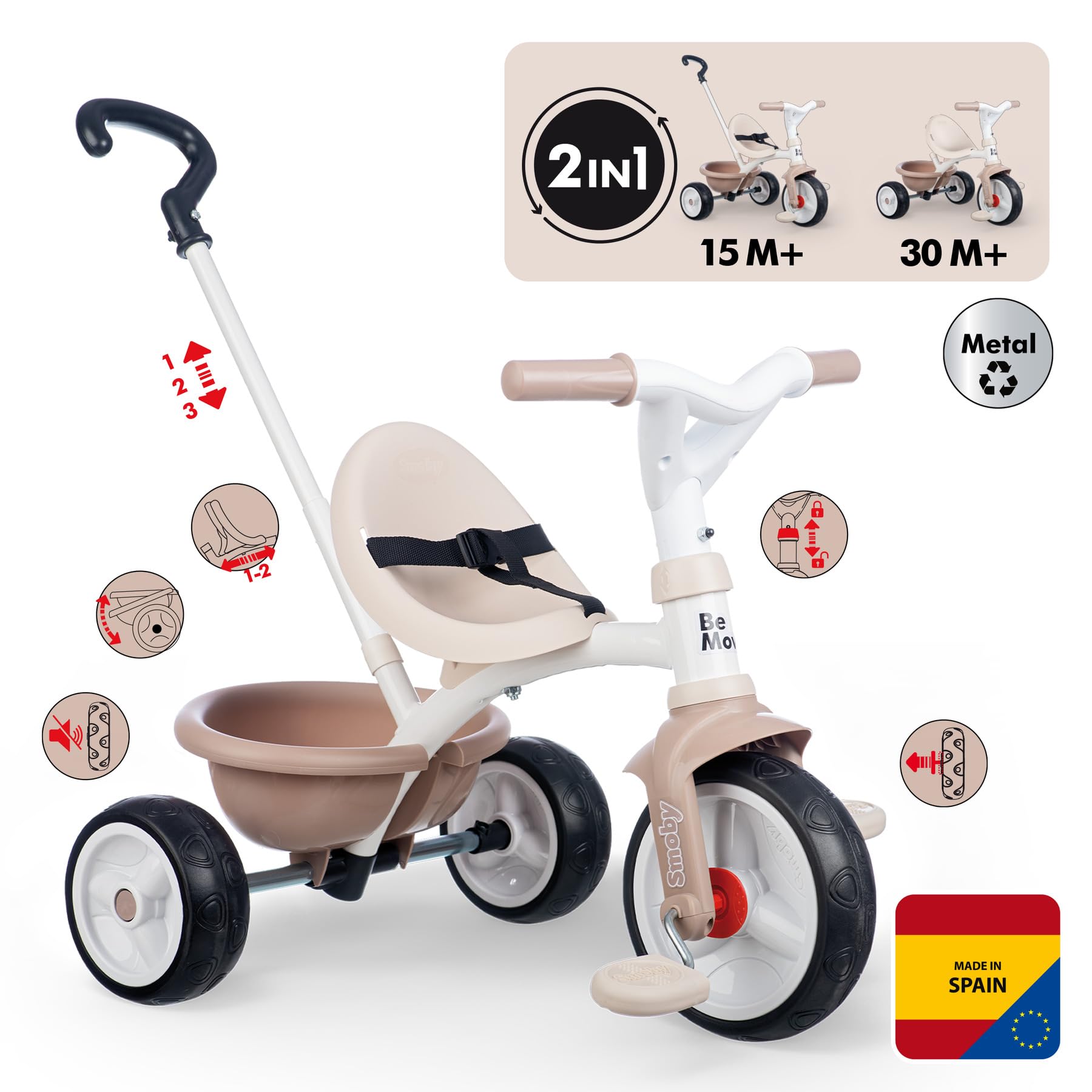 Smoby Dreirad Be Move Beige Kinder-Dreirad mit Schubstange und ergonomischem Sitz 7600740338 Transport, Dreirad, Fahrzeug, Rasenmäher, Werkzeug
