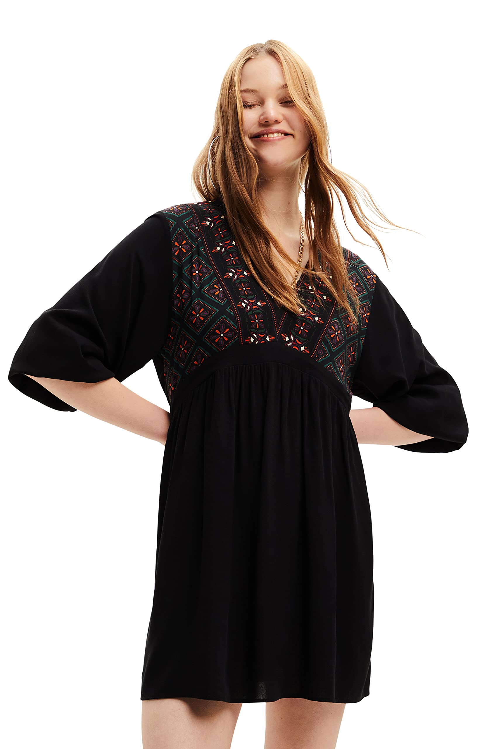 Desigual Damen Casual Dress – Langarmkleid mit geometrischem Muster, Schwarz GR. XXL