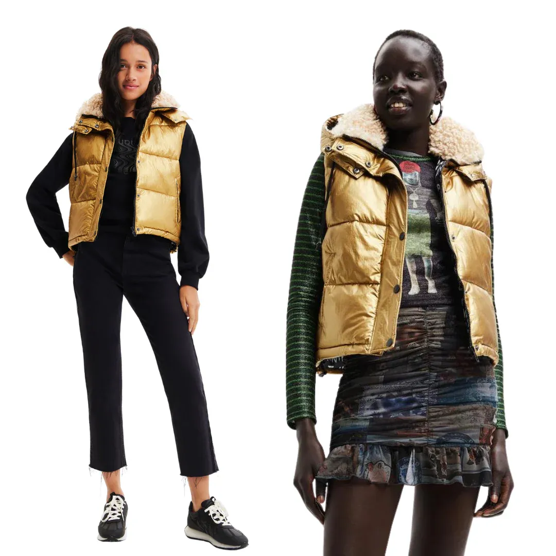 Desigual Damen Weste - Gold, Kurz-Steppweste mit Kunstfellkragen 22WWEW268033 GR. L