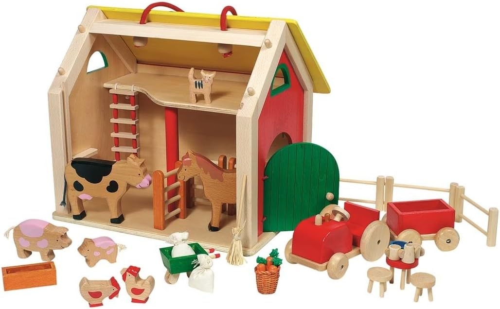 GOKI 51916 Koffer-Farmhaus mit Zubehör - Spielkoffer für kleine Bauern Spielbereich, Hoher Absatz, Schuh, Kiste, Drinnen
