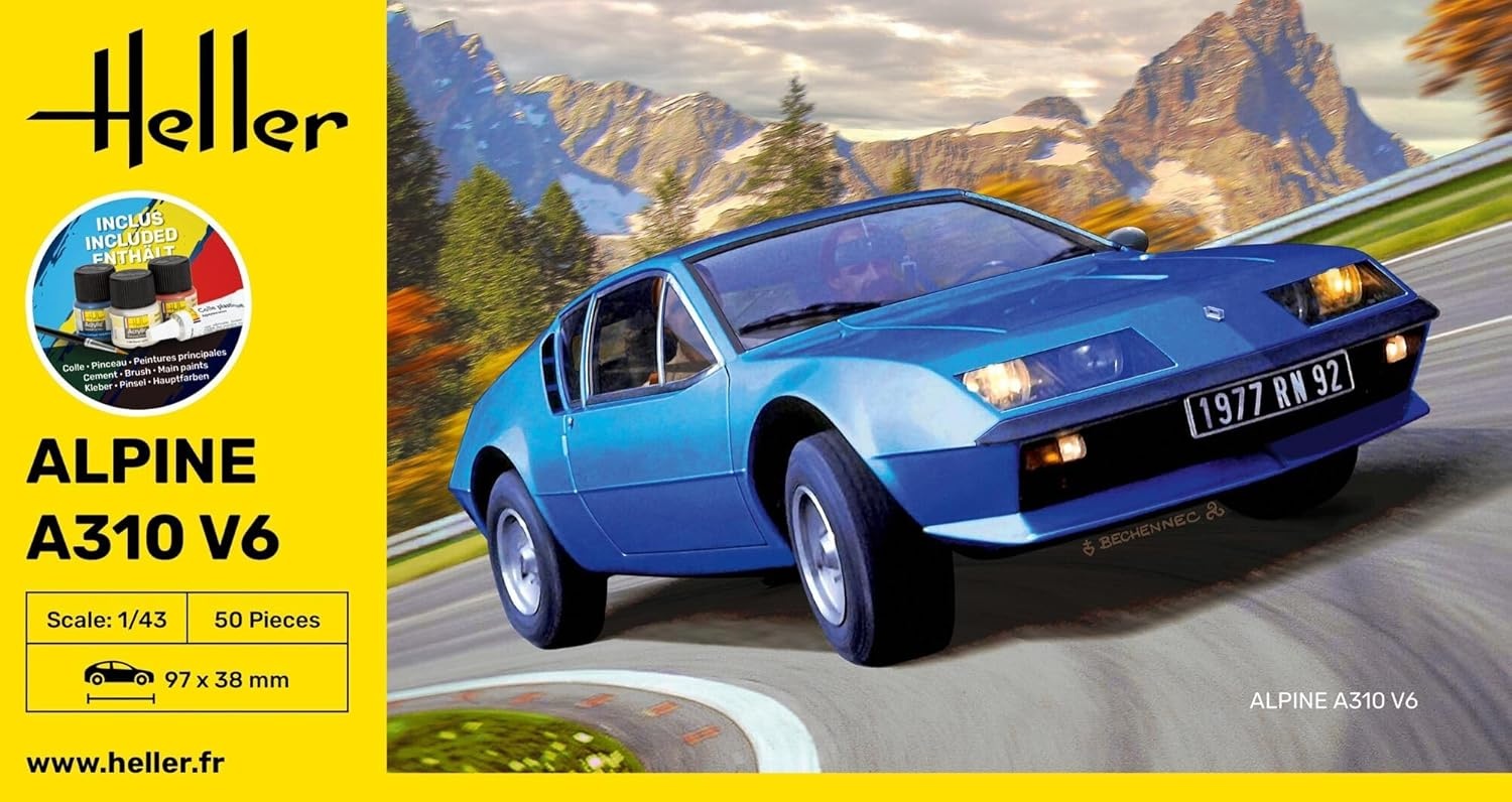 Heller Starter Kit Alpine A310 1:43 Modellbausatz mit Kleber & Farbe, ab 15 Jahren Heller Starter Kit Alpine A310 V6 1:43 Bausatz mit Pinsel, Farbe und Kleber, modellierfreundlich, Detailmaßstab 97×38 mm, ab ca. 15 Jahren, Auto, Coupé, Sportwagen, Werbung, Sprach