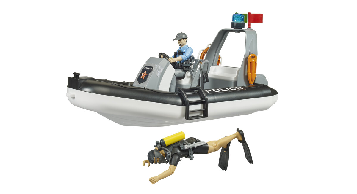 Bruder 62733 bworld Polizei Schlauchboot mit Rundumleuchte, 2 Figuren und Zubehör Transport, Fahrzeug, Wasserfahrzeug, Person, Beiboot