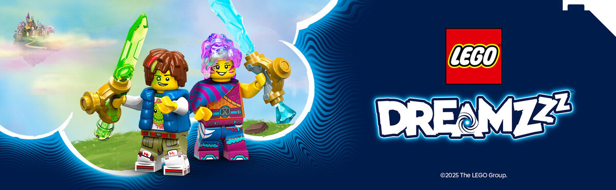 LEGO DREAMZzz Figuren mit Fantasiewaffen vor traumhafter Landschaft und Schloss im Hintergrundб Baby, Person, Werbung, Baby, Person, Werbung