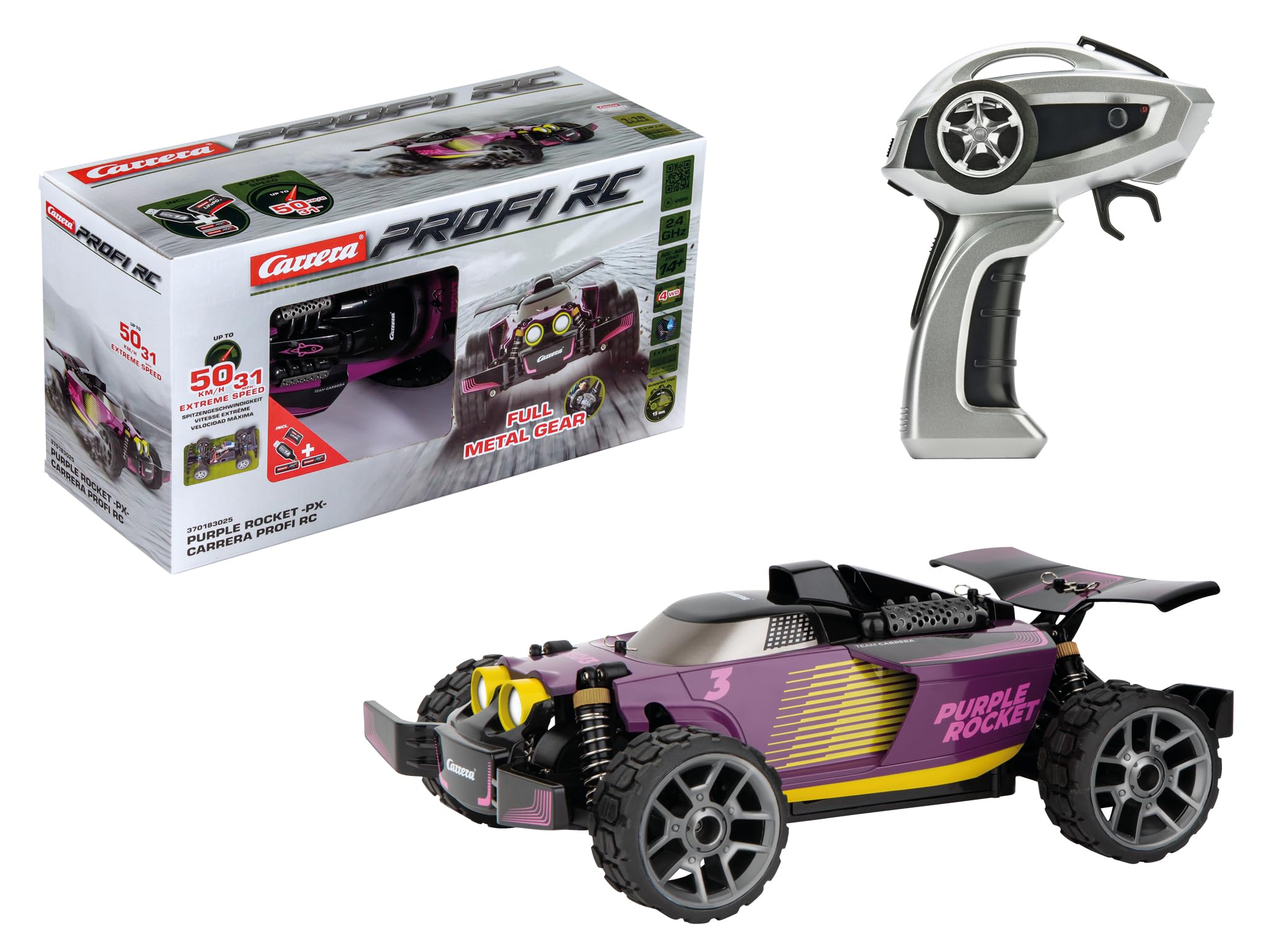 Carrera 370183025 RC Purple Rocket PX mit 50 km/h, Allrad & Öldämpfer Sprach, Fön, Leichtmetallfelge, Rad, Videokamera