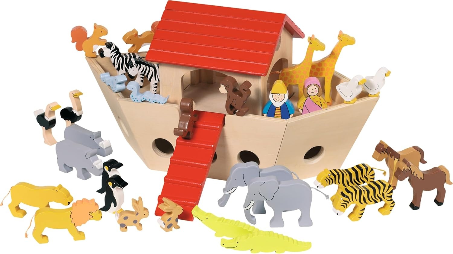 GOKI 51846 Arche Noah aus Holz mit 30 Tieren. Noah & Frau Tier, Vogel, Pinguin, Spielbereich