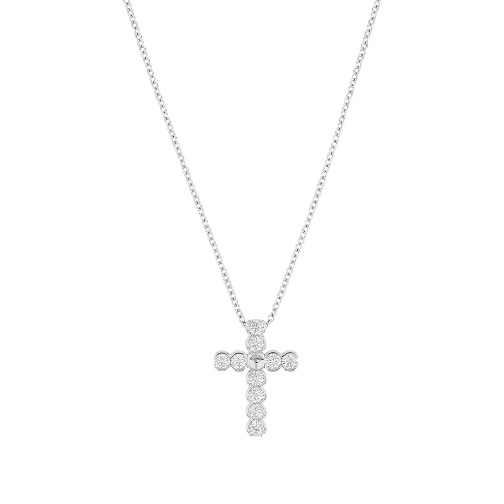 JOOP! Halskette aus rhodiniertem 925 Sterling Silber, Kreuzanhänger mit weißen Zirkonia und Joop Logo, Rundankerkette, 42+3