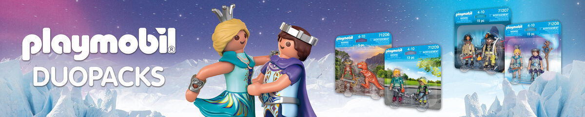 Playmobil Duopacks – Figuren-Sets mit fantasievollen Szenen und Abenteuerthemen vor eisiger Winterlandschaftб Werbung, Plakat, Buch, Comics, Person, Werbung, Plakat, Buch, Comics, Person