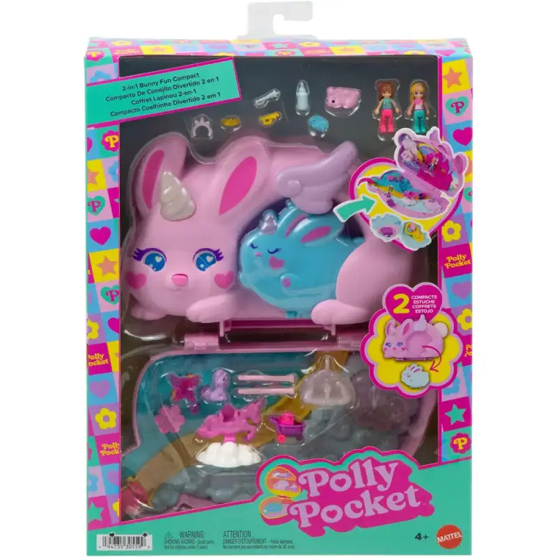 Polly Pocket 2-in-1-Bunny Fun Schatulle, tragbares Taschen-Spielset mit 2 Puppen und 12 Zubehörteilen inklusive Tieren Polly Pocket 2-in-1-Bunny Fun Schatulle, tragbares Taschen-Spielset mit 2 Puppen und 12 Zubehörteilen inklusive Tieren