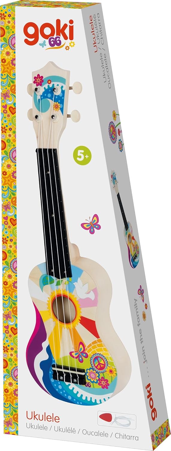 GOKI 61847 Ukulele Flower Power - Kindergitarre im Retro-Stil für musikalische Freiheit