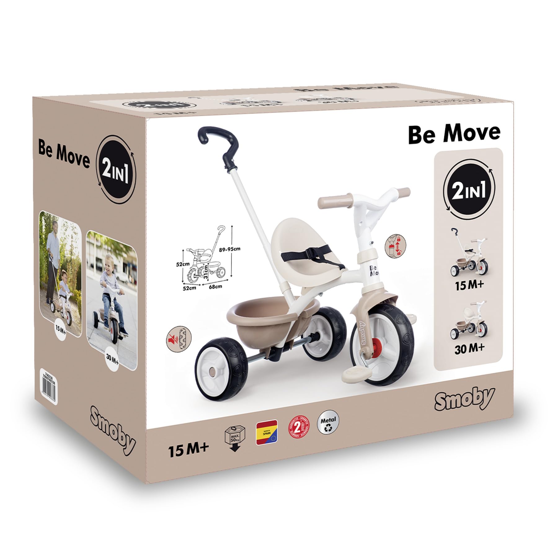 Smoby Be Move Tricycle Beige 2-in-1, verstellbare Elternstange, ab 15 Monaten Smoby Be Move Tricycle Beige 2-in-1 mit ergonomischem Sitz, Sicherheitsgurt, verstellbarer Elternstange bis 95 cm, Free-Wheel, Leichtlaufräder, beige, ca. 68×52×52 cm, Transport, Dreirad, Fahrzeug, Person