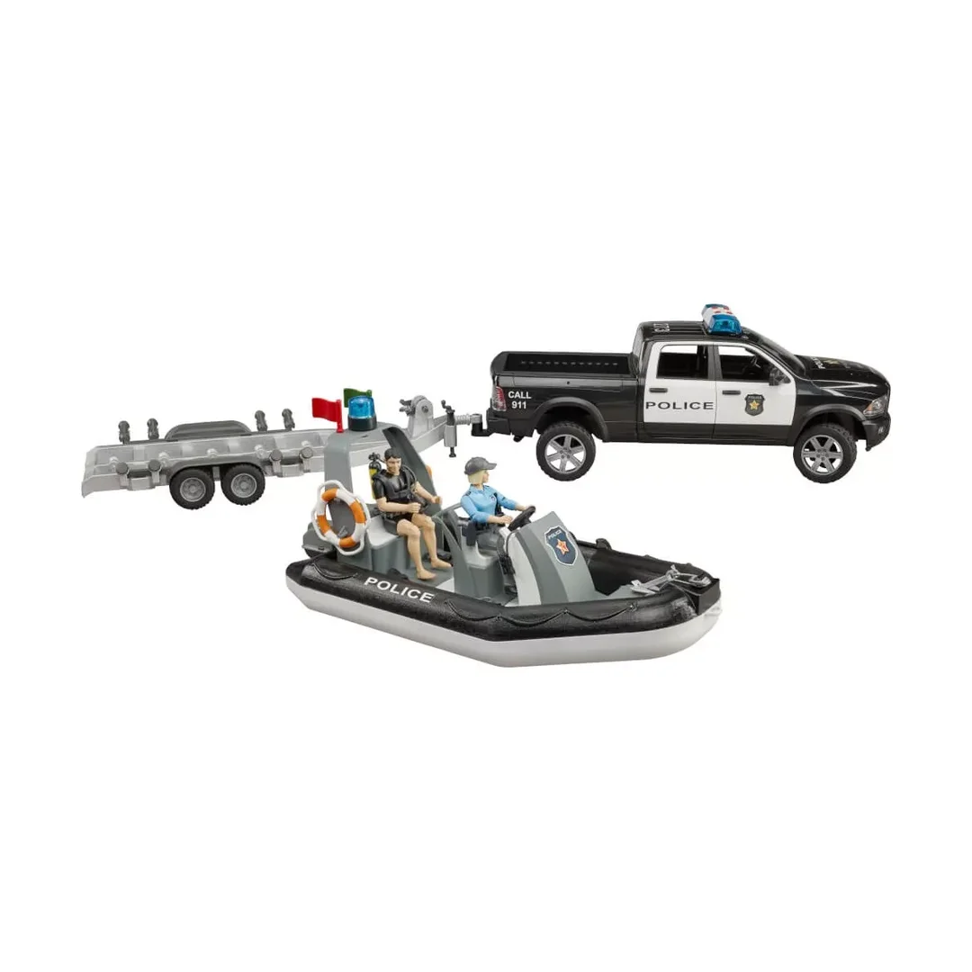 Bruder 02507 RAM 2500 Polizei Pickup mit L + S Modul, Anhänger, Boot und 2 Figuren Bruder 02507 RAM 2500 Polizei Pickup mit L + S Modul, Anhänger, Boot und 2 Figuren