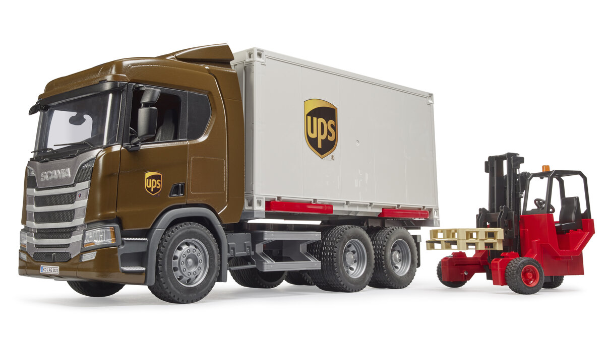 Bruder 03582 Scania Super 560R UPS Logistik-LKW mit Mitnahmestapler Anhänger-LKW, Lastwagen, Fahrzeug, Maschine, Rad