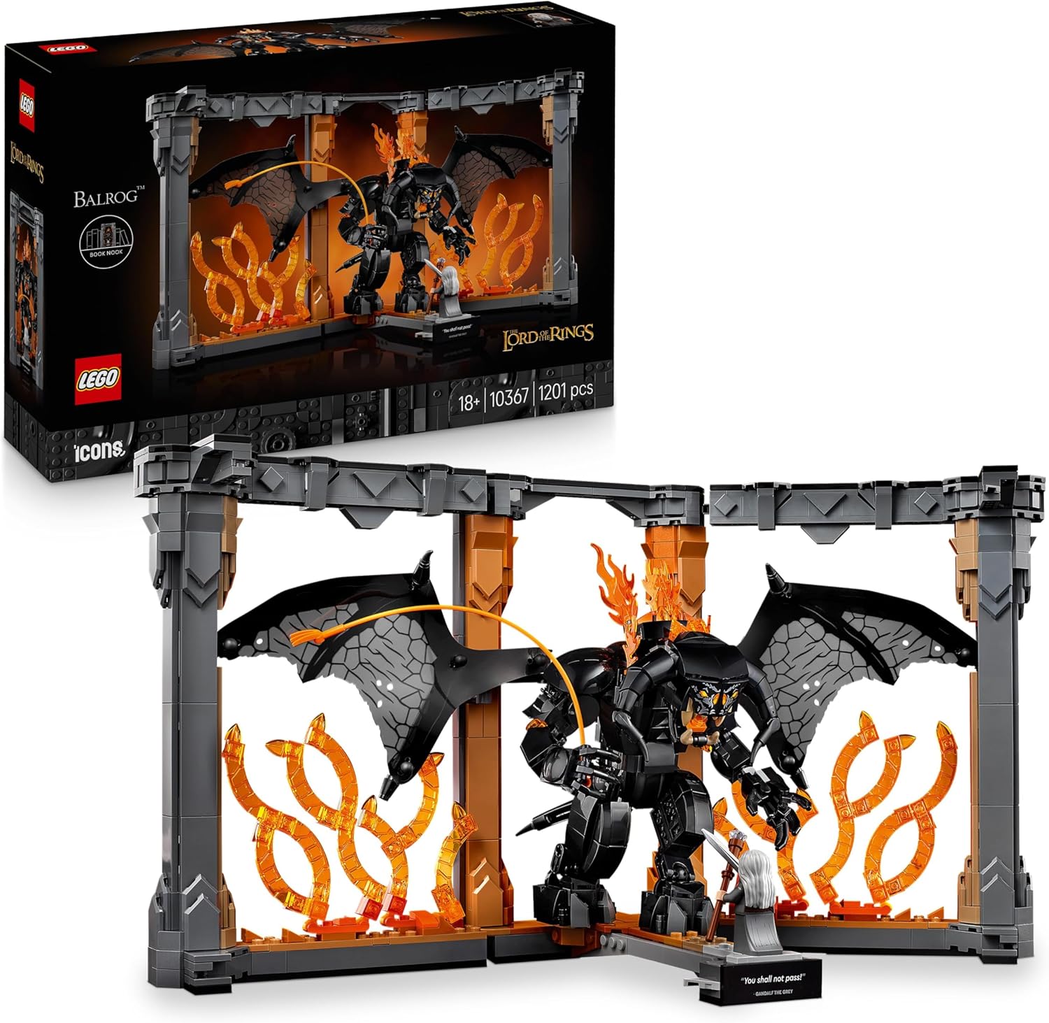 LEGO® Icons 10367 Herr der Ringe Buchstütze – Verpackung, Zubehör und Details sichtbar