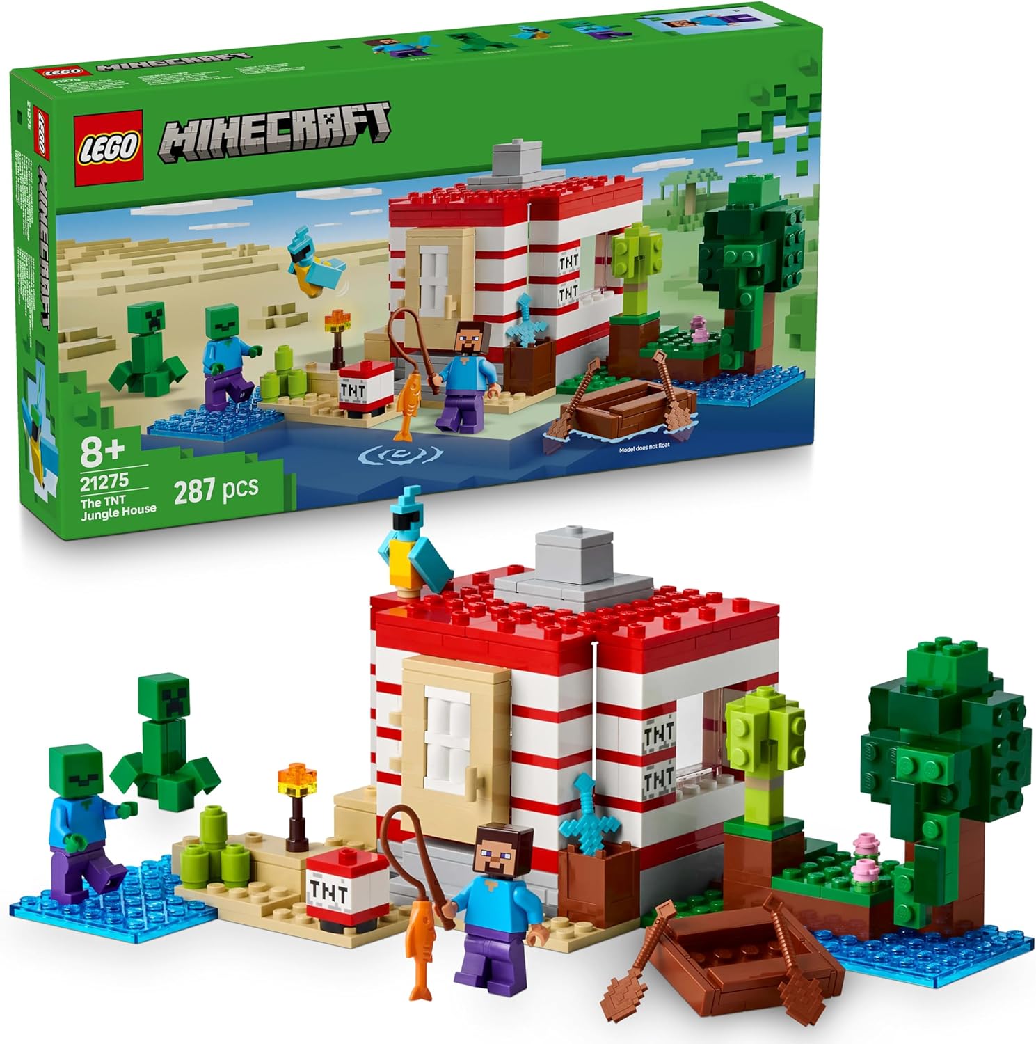LEGO® Minecraft™ 21275 Das TNT Dschungelhaus – Verpackung, Zubehör und Details sichtbar