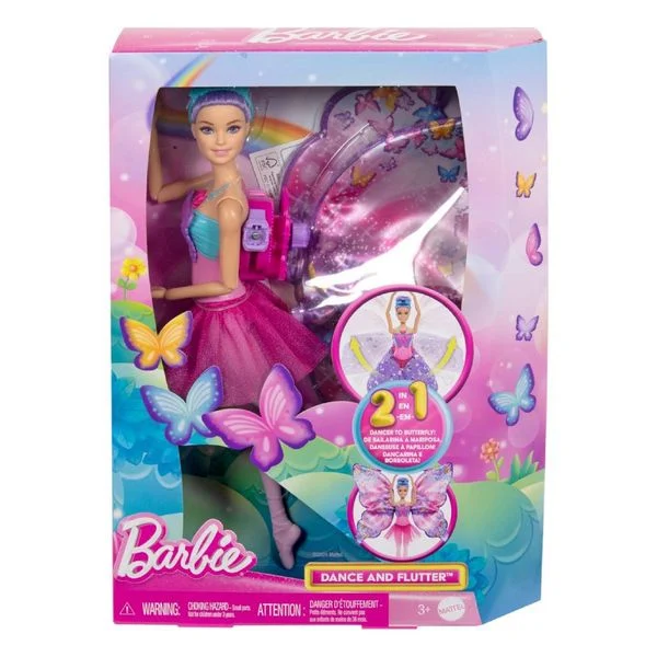 Barbie® Tanz & Flatter Puppe - 2-in-1 Verwandlung von Tänzerin zu Schmetterling, violettes Haar, HXJ10