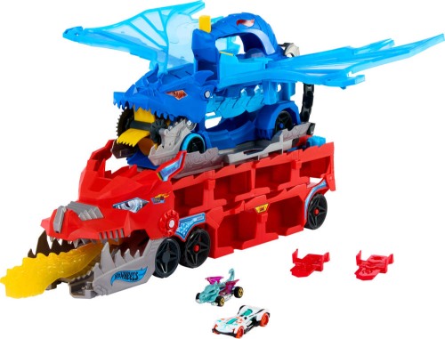 Hot Wheels City Hot Wheels ultimativer 2-in-1 Drachentransporter und 2 Spielzeugautos im Maßstab 1:64