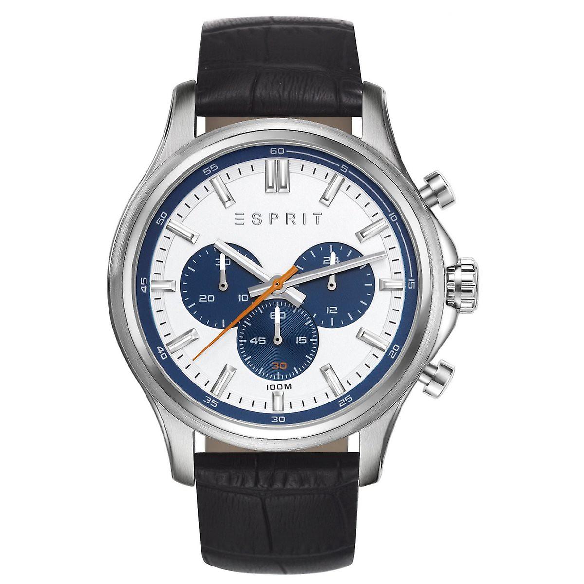 ESPRIT Herrenarmbanduhr Mathias Chronograph Edelstahl, Silber, Leder Armbanduhr, Arm, Körperteil, Person