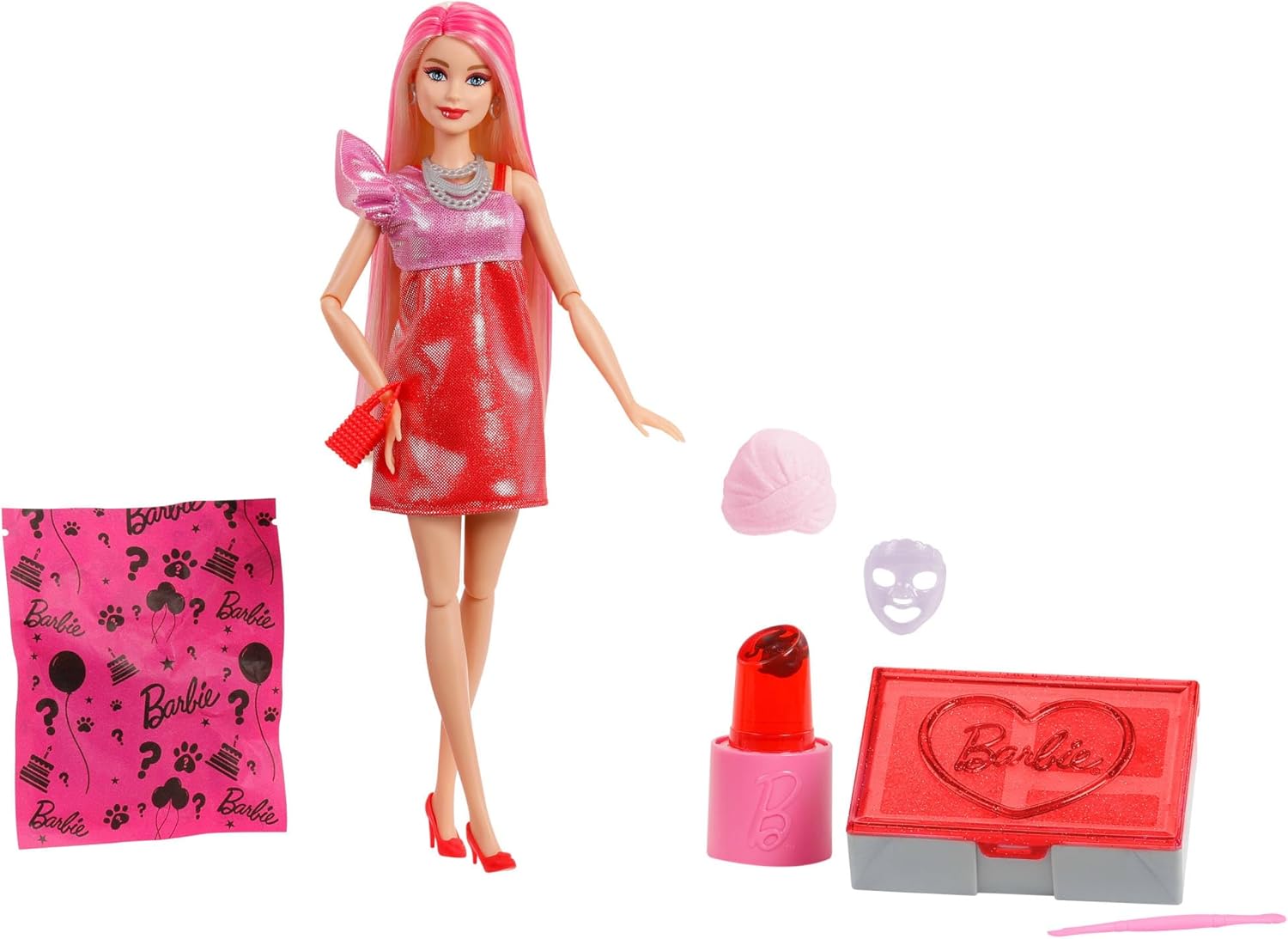Barbie Party Unboxed Glam Party Series - Red Original Doll Figur, Puppe, Spielzeug, Lippenstift, Gesicht