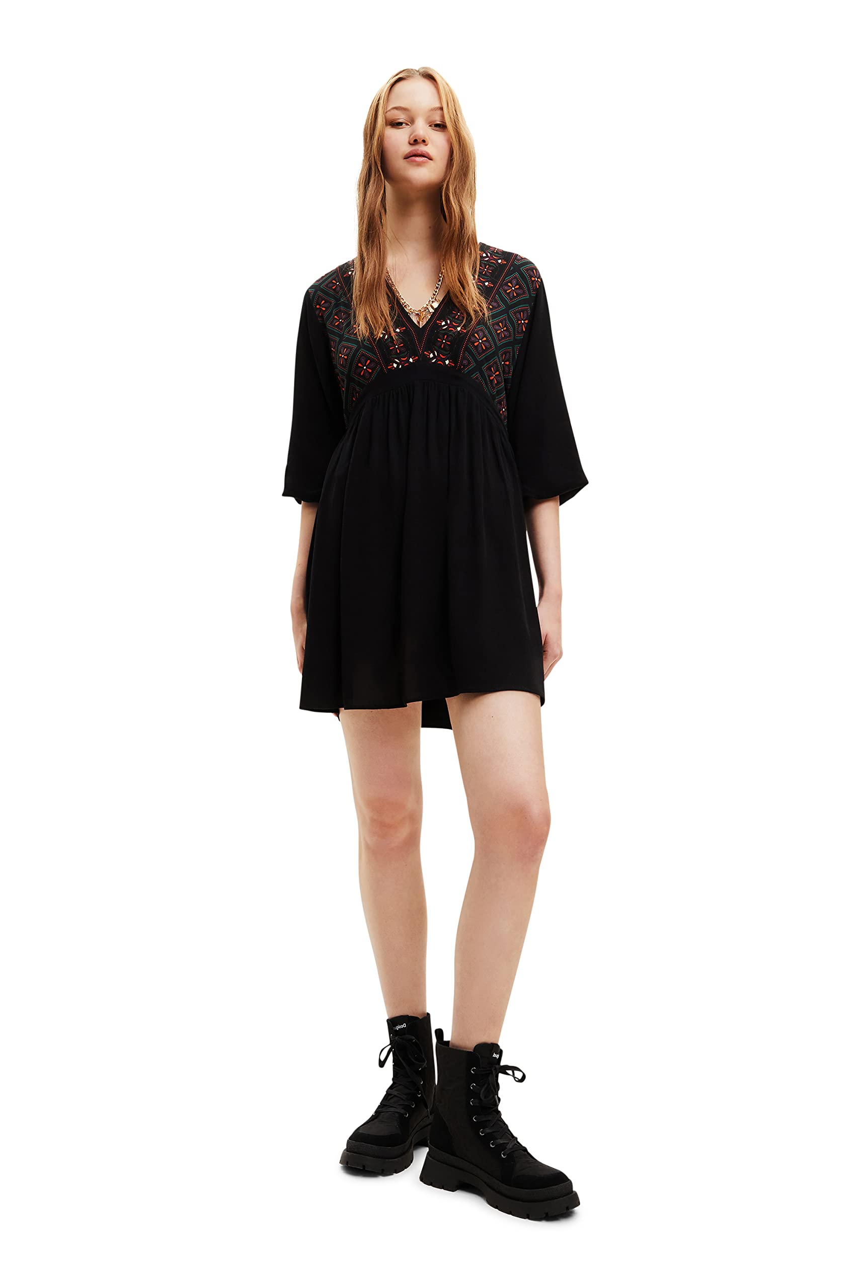 Desigual Damen Casual Dress – Langarmkleid mit geometrischem Muster, Schwarz GR. XXL