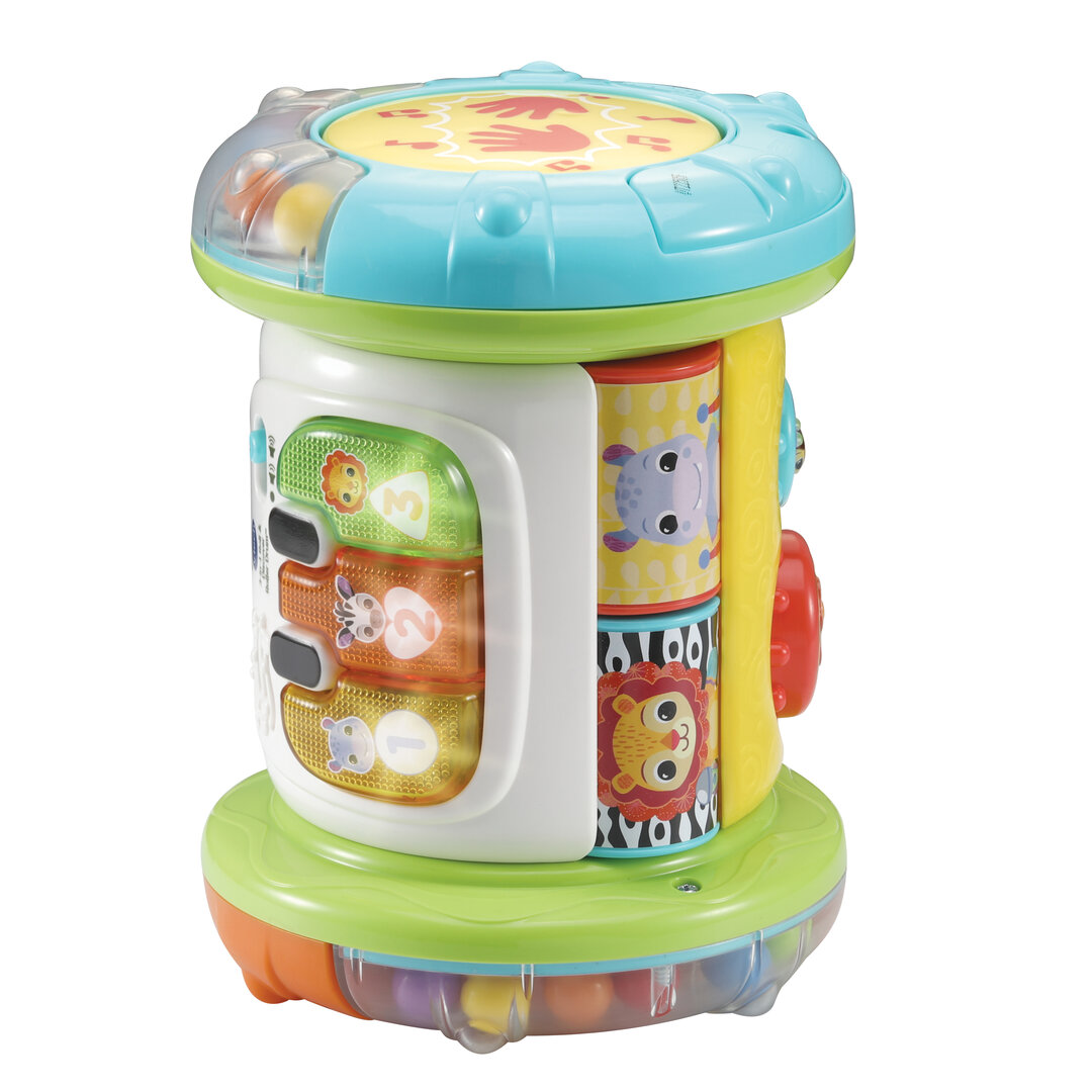 VTech 3-in-1 Rollende Entdecker-Trommel musikalischer Motorik-Spaß ab 9 Monaten VTech 3-in-1 Rollende Entdecker-Trommel in buntem Kunststoff 13,8×18,8 cm, Rollen, Trommeln, 5 Entdeckerseiten mit Leucht-Klavier, Musik 7 Lieder, 18 Melodien, Bewegungssensor, kindersicher, ab 9 Monaten, Spielzeug