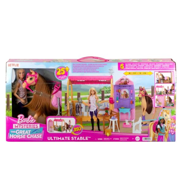 Barbie® Mysteries – Pferdestall-Playset mit Puppe & Pferd, 6 Spielbereiche & 25 Zubehörteile, HXJ44